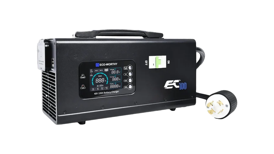 High quality photo of the ECO-WORTHY EC100 48V 100a Battery Charger Front Right View. Photo sourced by Current Connected from ECO-WORTHY.