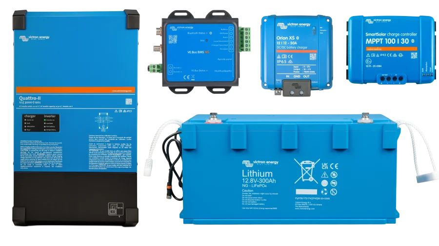 Victron super blue kit with Quattro-II 12V 3kVA 2x120, 12.8V 300Ah Lithium NG Battery, Orion XS 12/12-50A, SmartSolar 100/30 MPPT, and VE.Bus BMS NG.