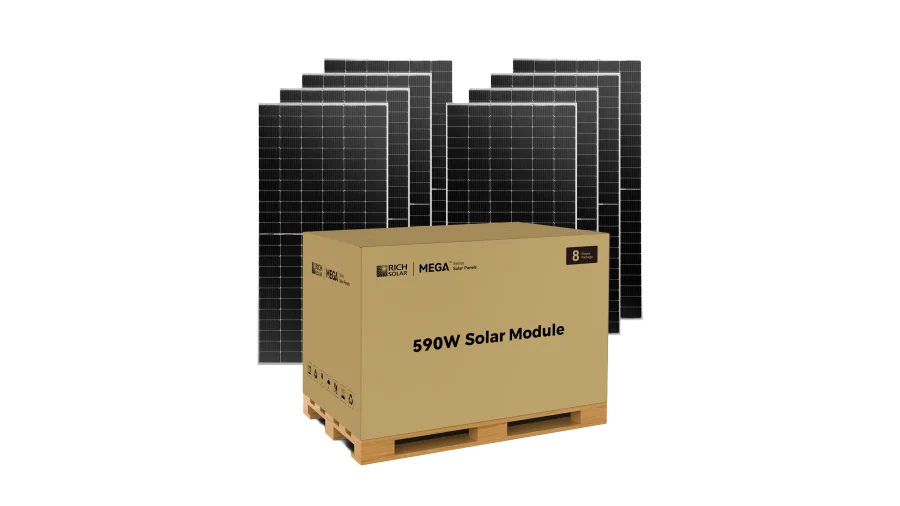 Rich Solar MEGA 590W Bifacial Monocrystalline Solar Panels, Pallet of 8 Panels, 4.7kW of Solar Power for Residential, Commercial, or Off-Grid Power