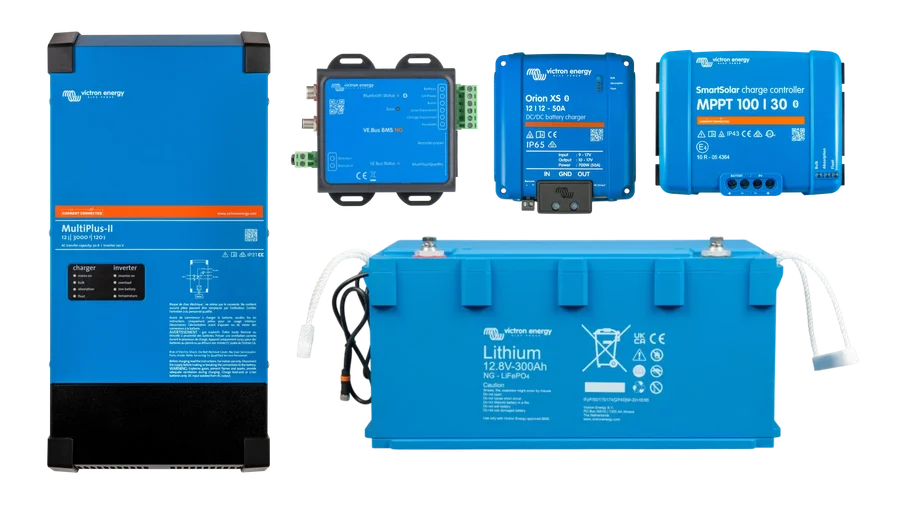 Victron super blue kit with MP-II 12V 3kVA 12.8V 300Ah Lithium NG Battery, Orion XS 12/12-50A, SmartSolar 100/30 MPPT, and VE.Bus BMS NG.