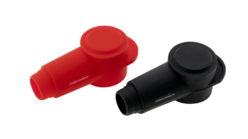 Current Connected's silicone battery terminal covers in red and black